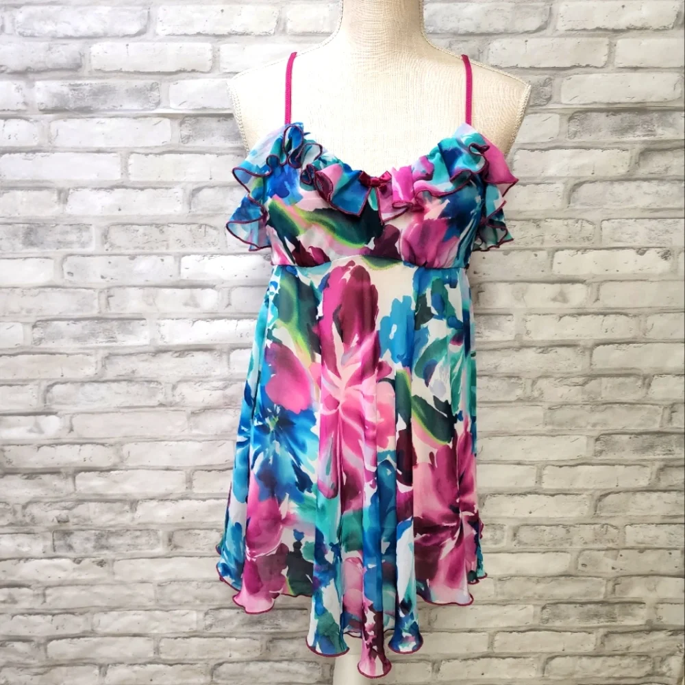 In bloom Purple Blue Floral Sheer Ruffle Nightgown